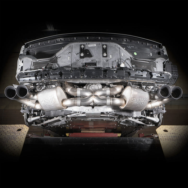 Stainless Works Redline cat-back installed undercar view on 2023 C8 Corvette Stingray showing routing and fit