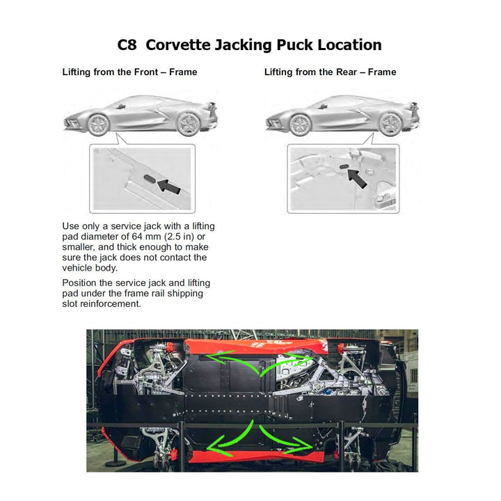 ACS Composite jacking pucks fitted at the factory jack points on the underside of a C8 Corvette