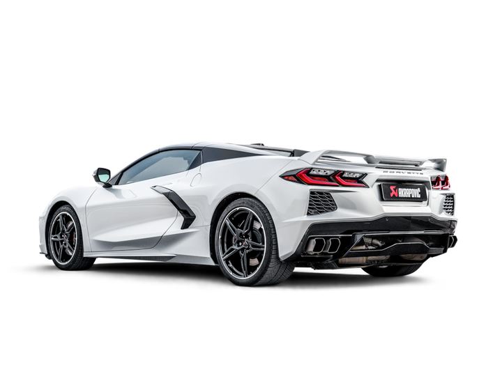 Rear three-quarter view of C8 Corvette Stingray with Akrapovic exhaust