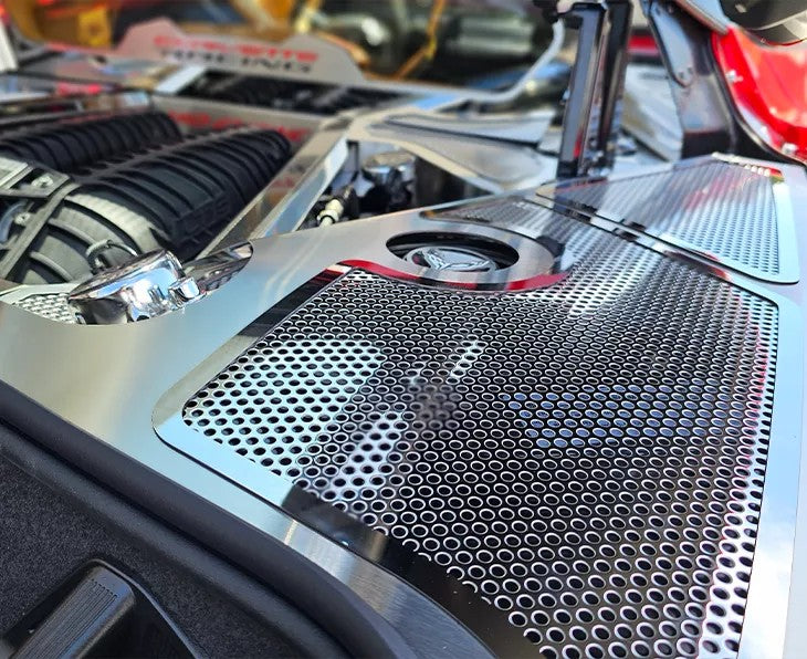 C8 Corvette Stingray coupe ACC 883011 fender covers with polished perforated inserts, installed view 1