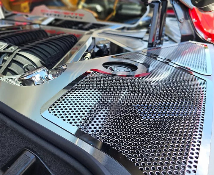 C8 Corvette Stingray coupe ACC 883011 fender covers with polished perforated inserts, installed view 1