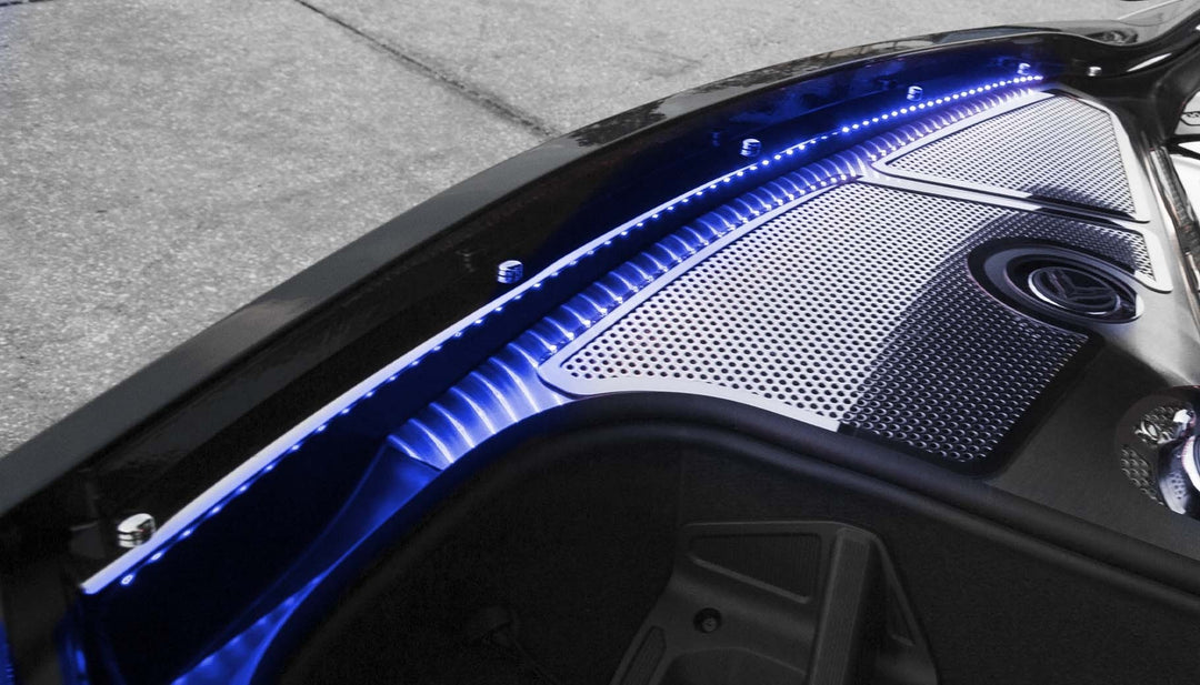American Car Craft C8 Corvette Stingray coupe polished fender cap covers, Blue LED appearance