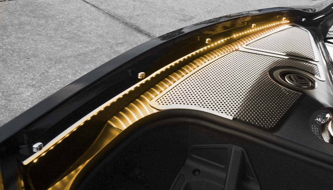 American Car Craft C8 Corvette Stingray coupe polished fender cap covers, Yellow LED appearance