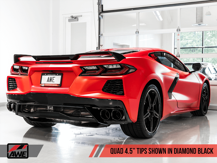 Three-quarter view of C8 Corvette Stingray with AWE Touring Edition diamond black exhaust tips
