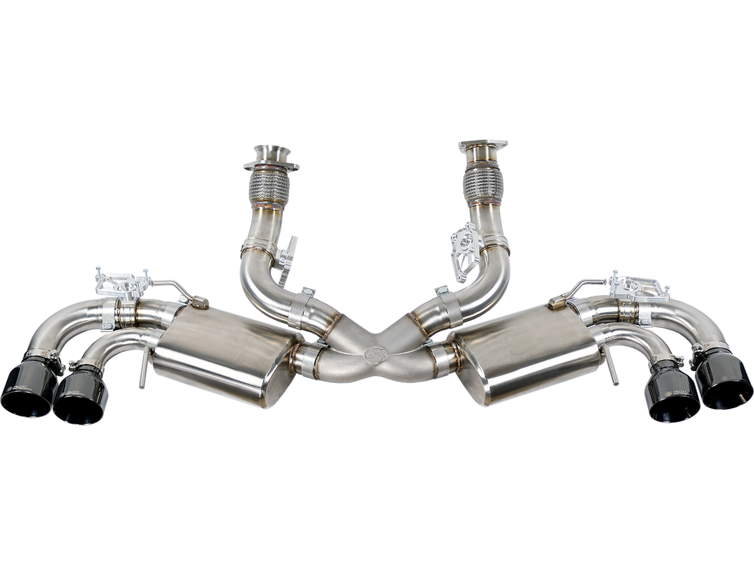 Blacked out AutoSpeed cat-back exhaust for the C8 Corvette Stingray, complete system laid out with black tips at all four outlets, part number ASP-EXH-CBK-GM-0001-BK
