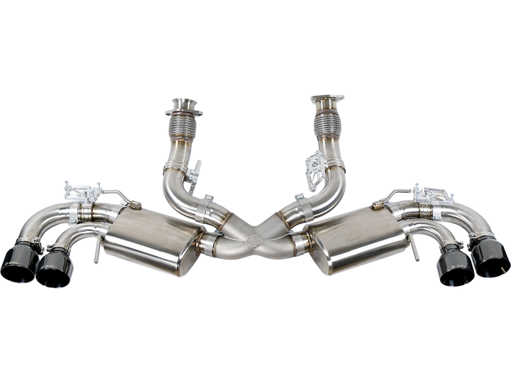 Blacked out AutoSpeed cat-back exhaust for the C8 Corvette Stingray, complete system laid out with black tips at all four outlets, part number ASP-EXH-CBK-GM-0001-BK