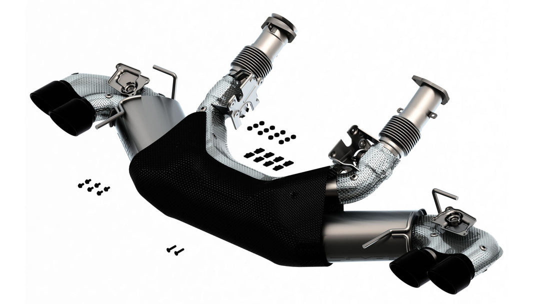 Borla 140838BC S-Type cat-back for C8 Stingray with NPP showing T-304 stainless construction and heat shields