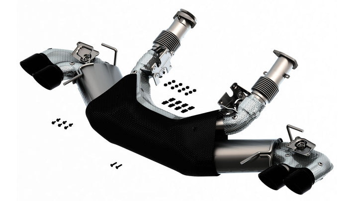 Borla 140838BC S-Type cat-back for C8 Stingray with NPP showing T-304 stainless construction and heat shields