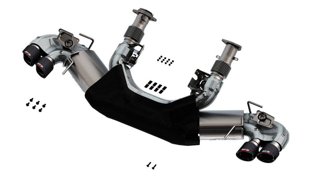 Borla 140839CF ATAK cat-back showing T-304 stainless construction, SwitchFire, and included heat shielding on C8 Stingray