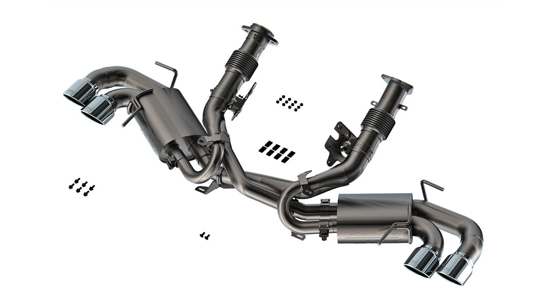 Borla 140841 ATAK cat-back showing T-304 stainless construction and included heat shielding on C8 Stingray