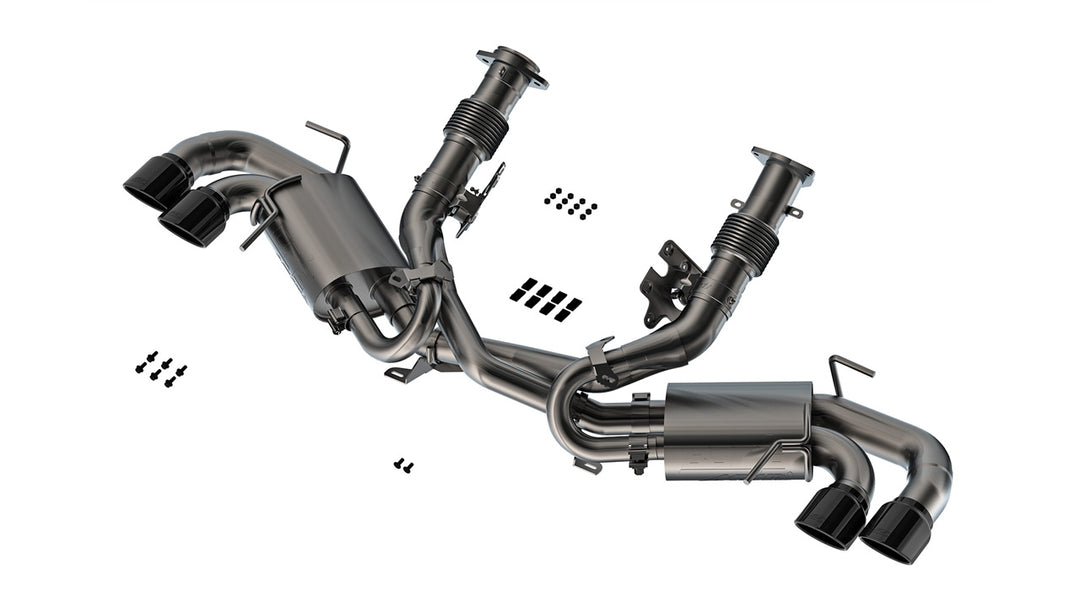 Borla 140841BC ATAK cat-back showing T-304 stainless construction and included heat shielding on C8 Stingray