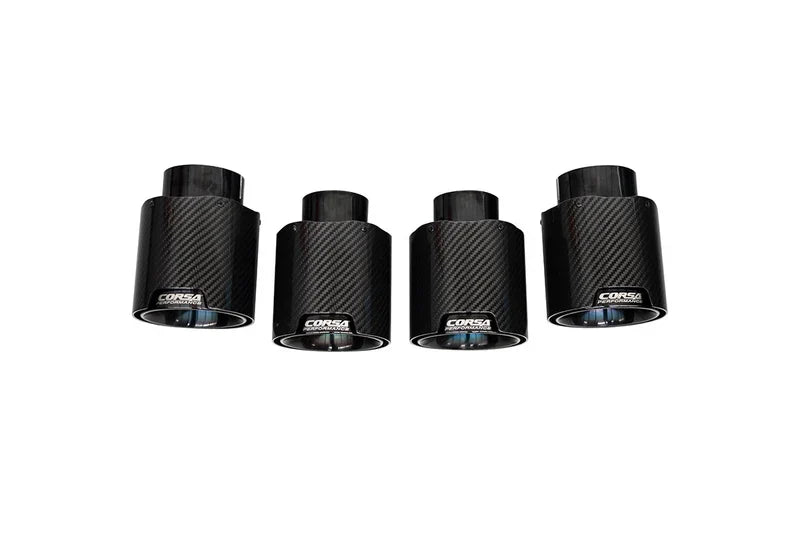 Four CORSA carbon fiber exhaust tips with flat cut mouths and polished stainless inner cones