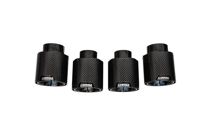 Four CORSA carbon fiber exhaust tips with flat cut mouths and polished stainless inner cones