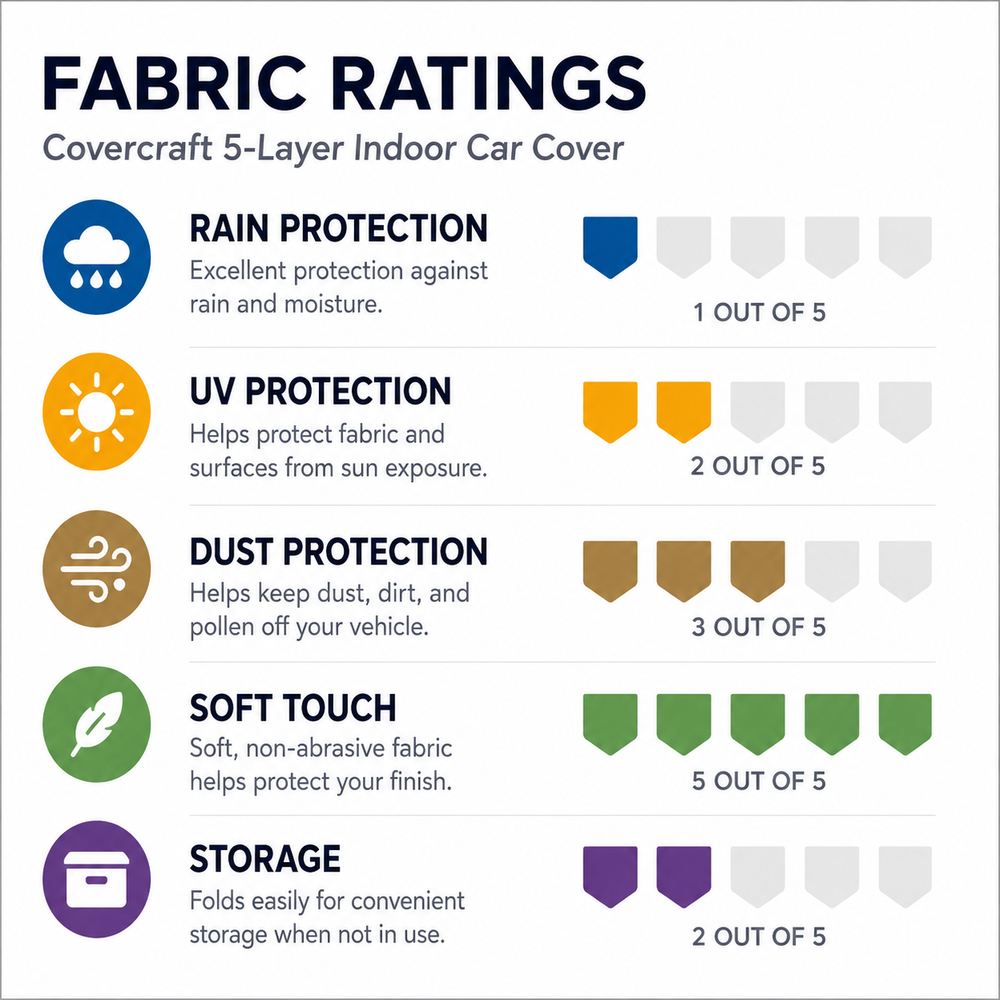 Covercraft 5-Layer Indoor fabric ratings for C8 Corvette Stingray dust protection, soft touch, rain, UV, and storage