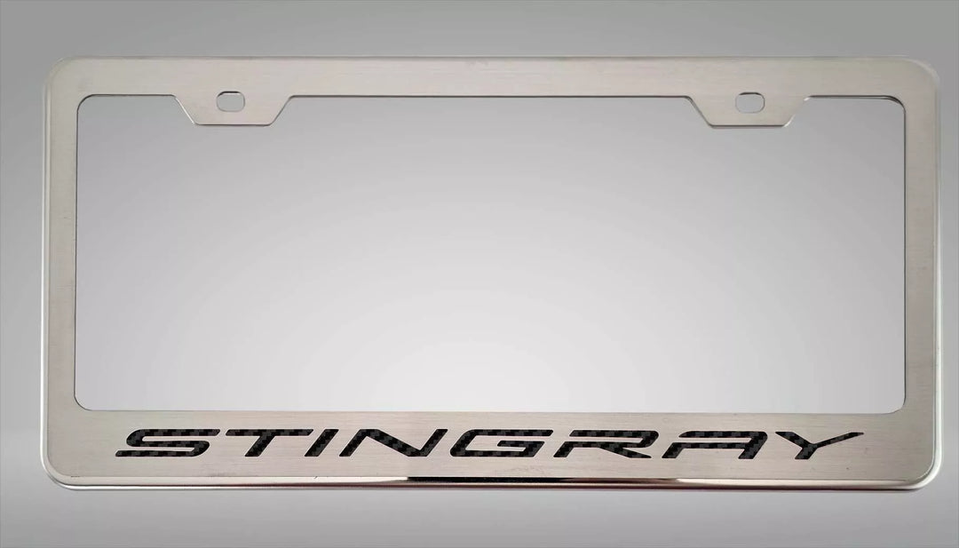 C8 Corvette STINGRAY license frame with black lettering and polished-base trim