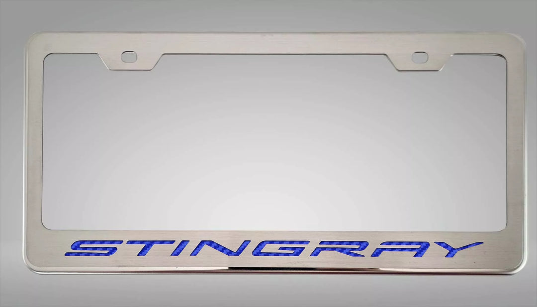 C8 Corvette STINGRAY license frame with blue lettering and polished-base trim