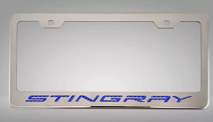 C8 Corvette STINGRAY license frame with blue lettering and polished-base trim