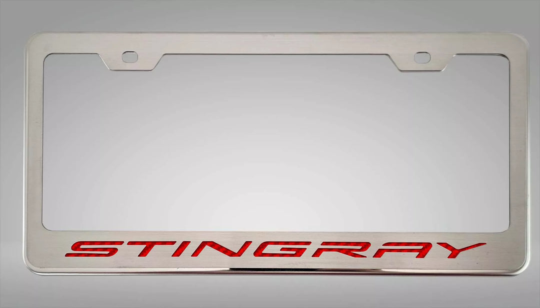 C8 Corvette STINGRAY license frame with red lettering and polished-base trim