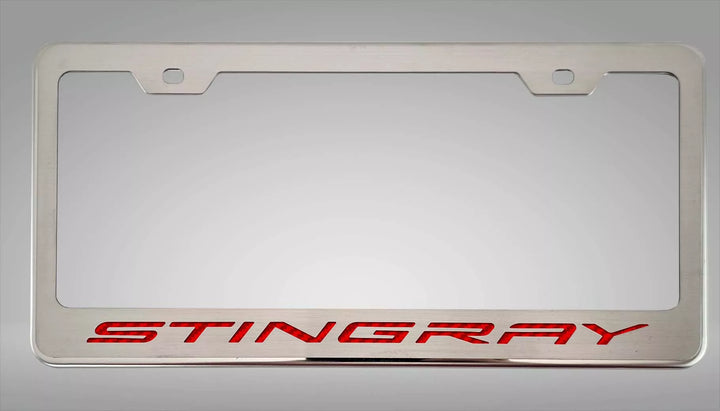 C8 Corvette STINGRAY license frame with red lettering and polished-base trim