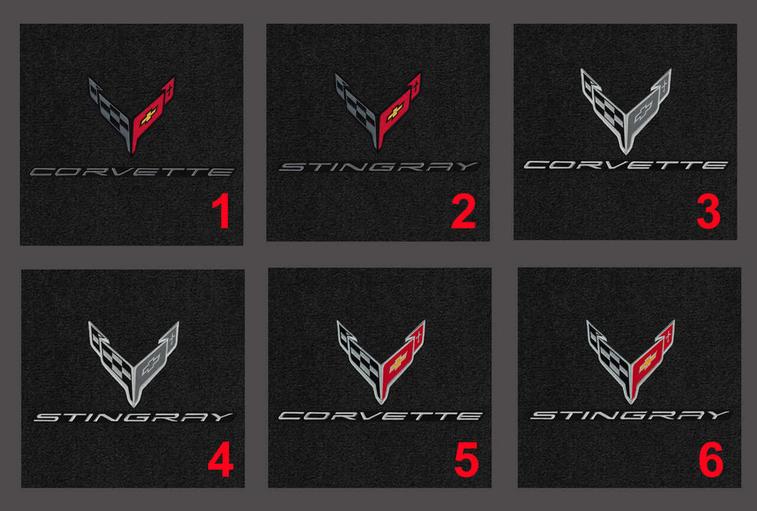 Double-logo embroidery options for Lloyd Mats Luxe front mats for C8 Corvette Stingray