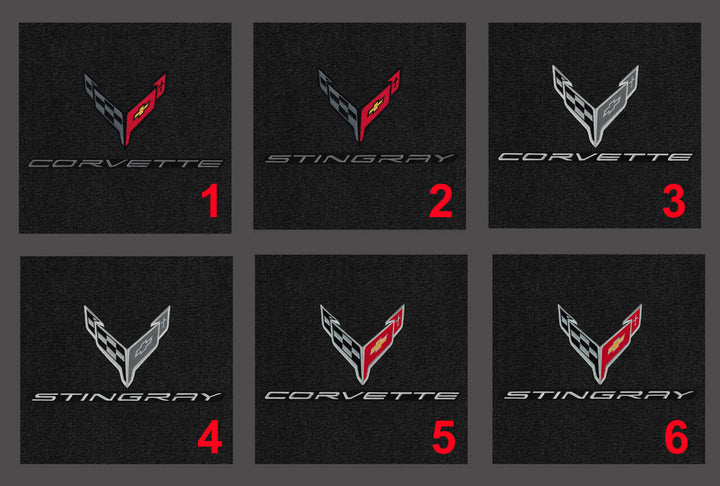 Double-logo embroidery options for Lloyd Mats Luxe front mats for C8 Corvette Stingray