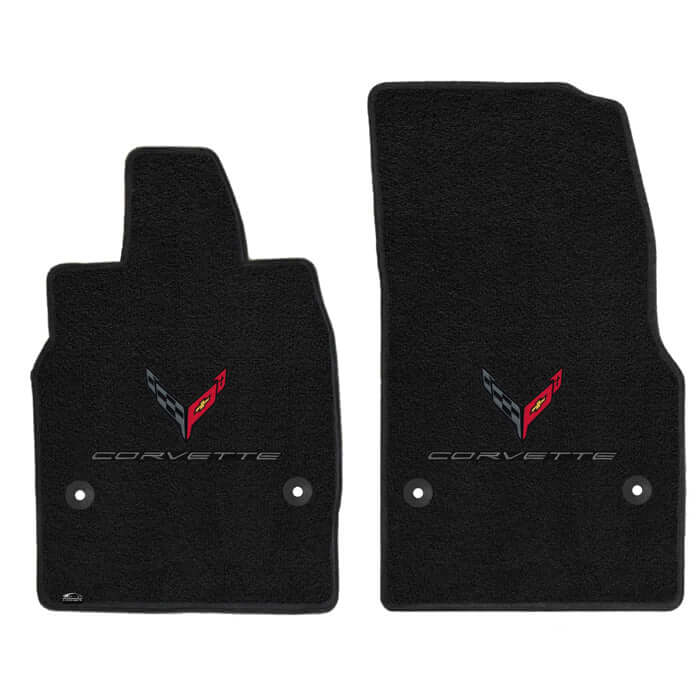 Lloyd Mats Luxe front floor mats with double-logo embroidery installed in a C8 Corvette Stingray