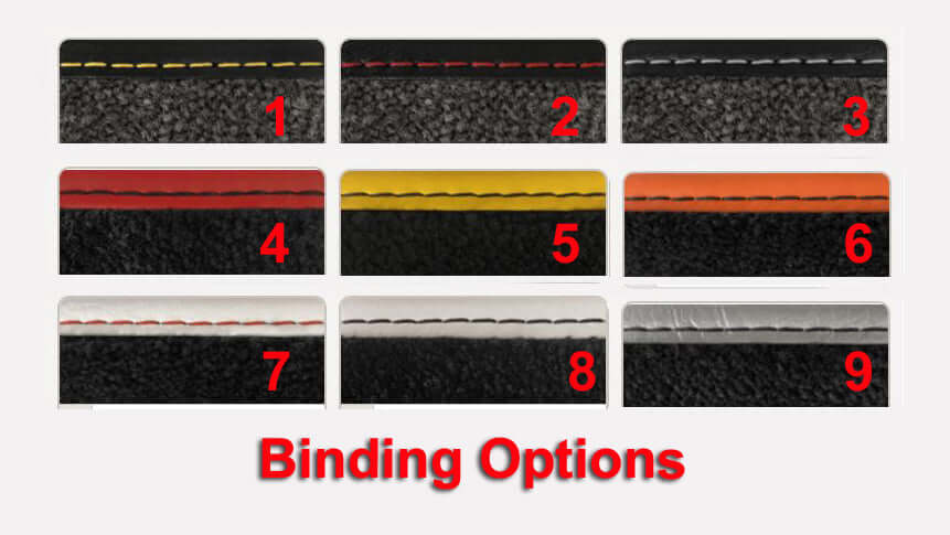 Binding and stitching options for Lloyd Mats Luxe front floor mats for C8 Corvette Stingray