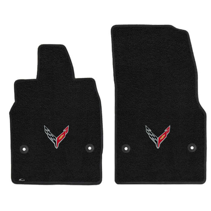 Lloyd Mats Luxe front floor mats with single-logo embroidery installed in a C8 Corvette Stingray