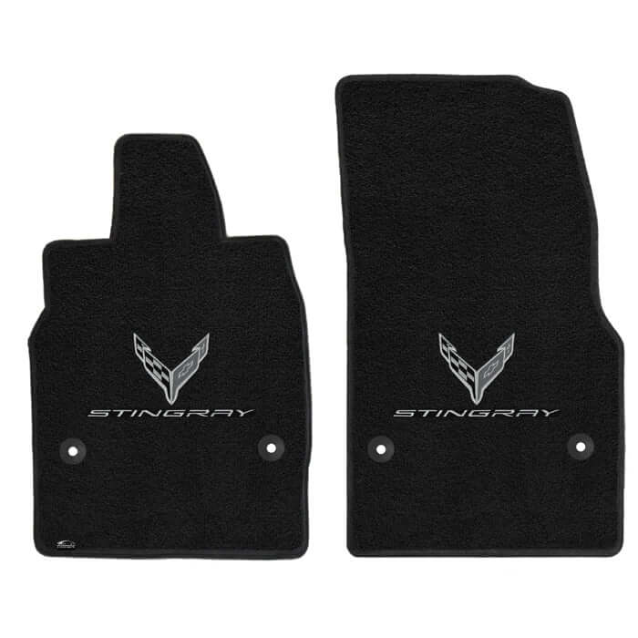 Lloyd Mats Ultimat front floor mats with double-logo embroidery installed in a C8 Corvette Stingray