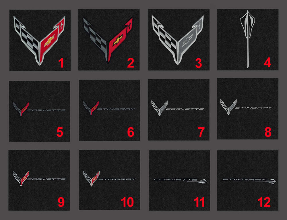 Single-logo embroidery options for Lloyd Mats Ultimat front mats for C8 Corvette Stingray