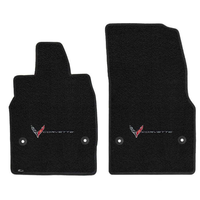 Lloyd Mats Ultimat front floor mats with single-logo embroidery installed in a C8 Corvette Stingray