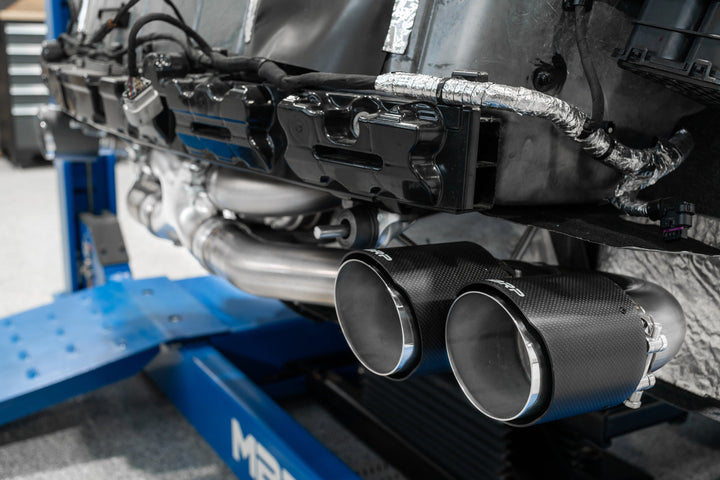 C8 Corvette Stingray with MBRP Race Profile exhaust and quad carbon-fiber tips installed