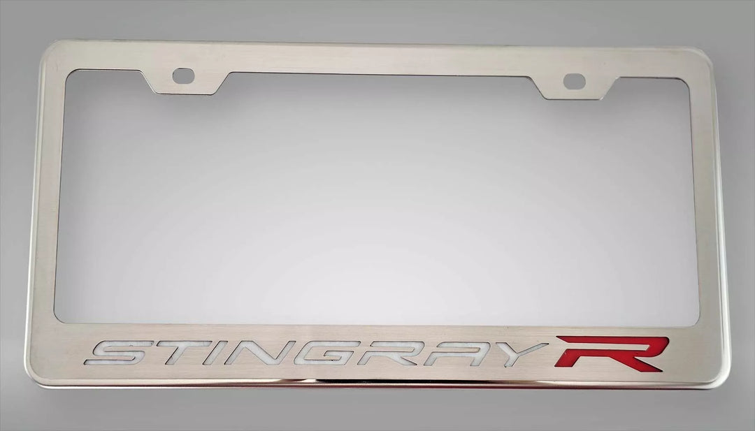 C8 Corvette STINGRAY R license frame with brushed lettering and a red R