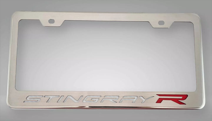 C8 Corvette STINGRAY R license frame with brushed lettering and a red R