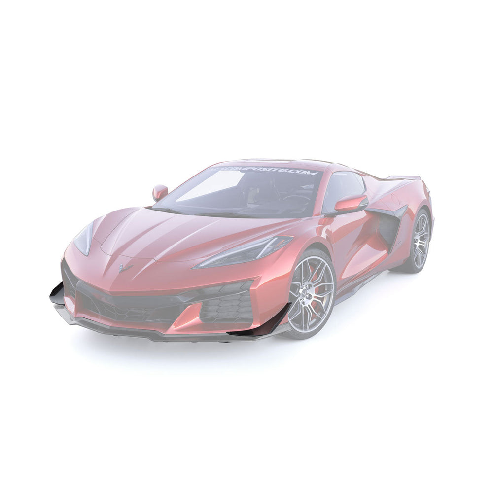 Full car 3/4 view of 2023–2026 C8 Corvette Z06 highlighting ACS Composite front canards position and aero profile.