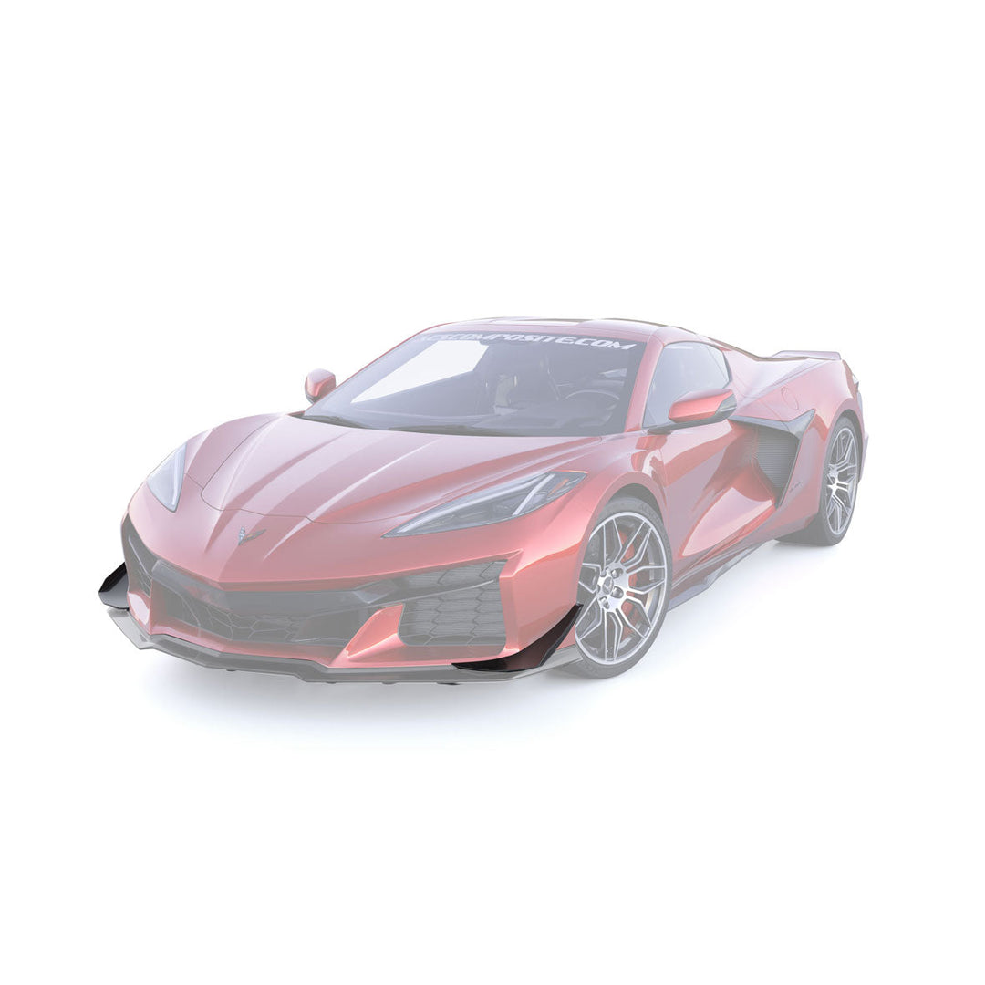 Full car 3/4 view of 2023–2026 C8 Corvette Z06 highlighting ACS Composite front canards position and aero profile.