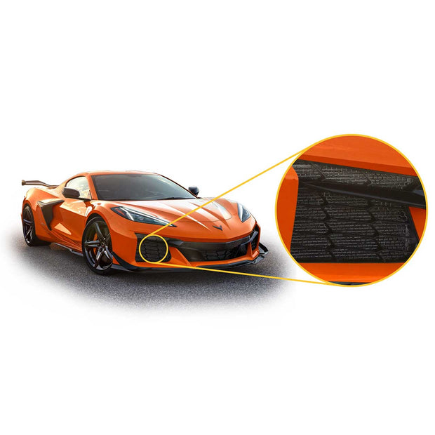 Underside installation view showing ACS Composite radiator guard mounting on 2023–2026 C8 Corvette Z06.