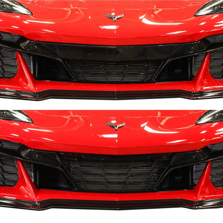 Side-by-side comparison showing stock C8 Corvette Z06 radiator versus with ACS Composite guards installed, highlighting protection and visibility.