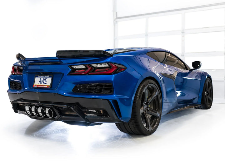 Rear three-quarter view of C8 Corvette Z06 with AWE SwitchPath chrome silver exhaust tips