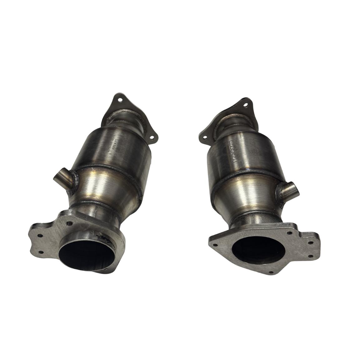 Stainless Kooks 218133BK catted connection pair for C8 Corvette Z06, shown without the included blankets to reveal catalyst bodies