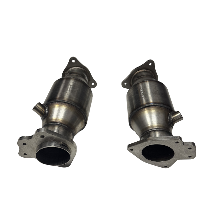 Stainless Kooks 218133BK catted connection pair for C8 Corvette Z06, shown without the included blankets to reveal catalyst bodies