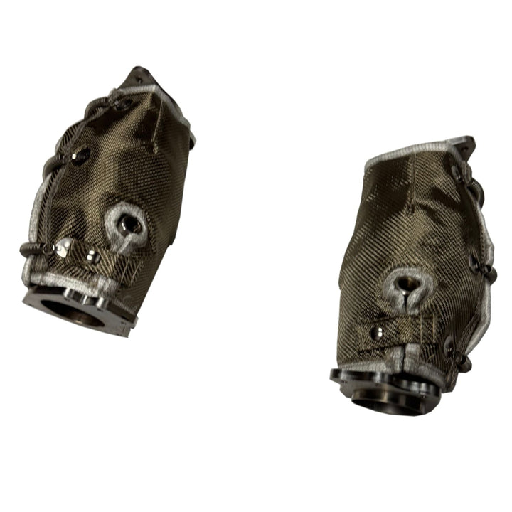Kooks 218133BK catted connection pair for C8 Corvette Z06, shown with fitted heat blankets, exposed flanges and sensor openings