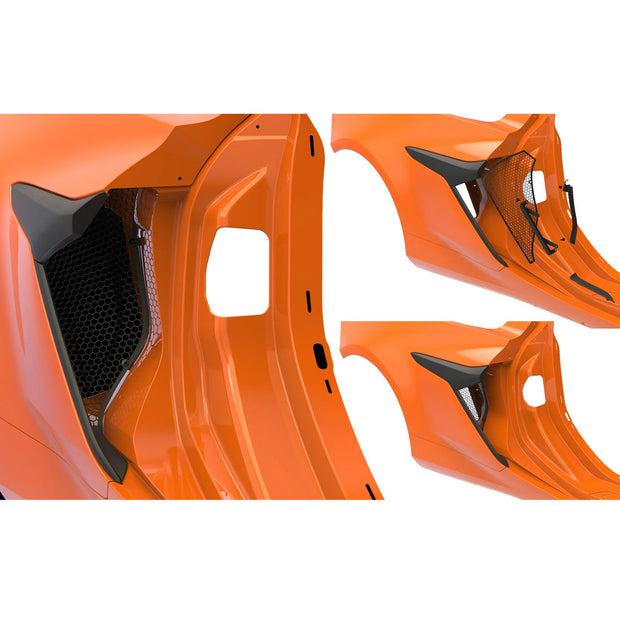 Installation view showing ACS Composite side radiator guard mounting behind the fender vent on 2023–2026 Z06.