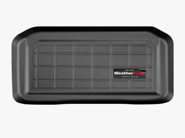 Detail view of a black WeatherTech Cargo Liner for a 2023-2026 C8 Corvette Z06 cargo area.