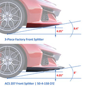 Measurement diagram comparing factory Z06 splitter and ACS Composite Z07 splitter dimensions for 2023–2026 C8 Corvette.