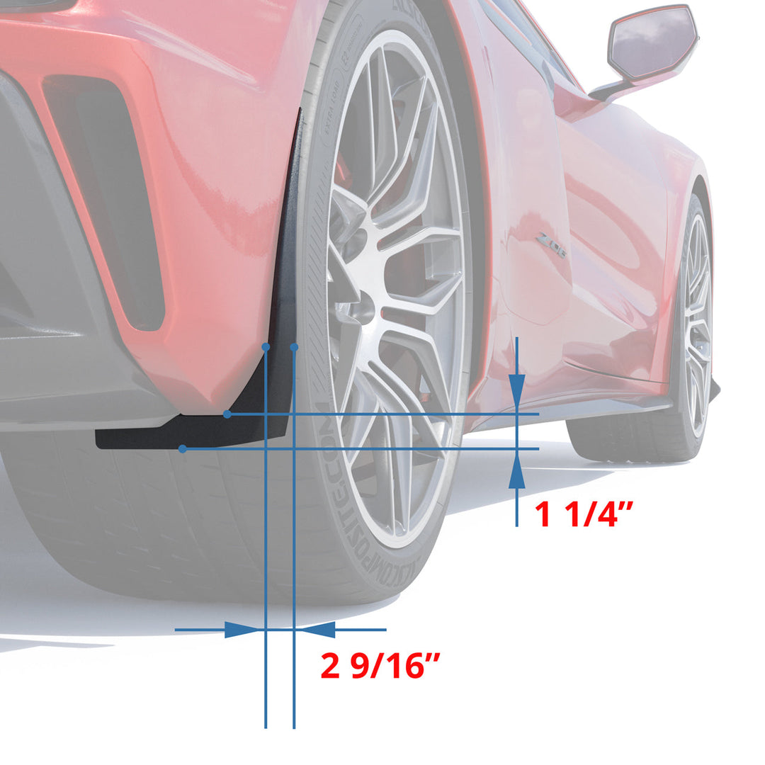 Rear rock guard dimension diagram for the C8 widebody, showing 1 1/4 inch and 2 9/16 inch measured from the rear wheel opening