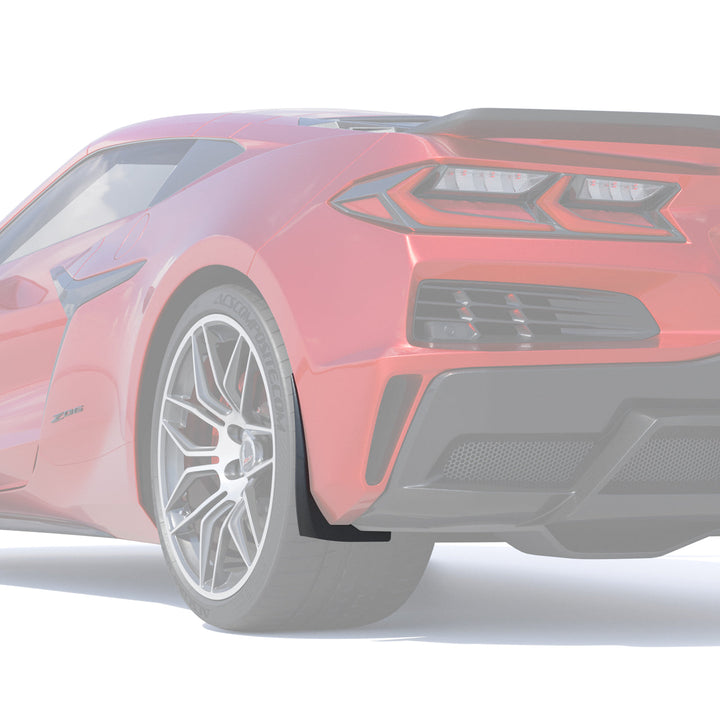 ACS Composite rear rock guard fitted to a C8 widebody, shown behind the rear wheel with the tunnel mesh panel in place