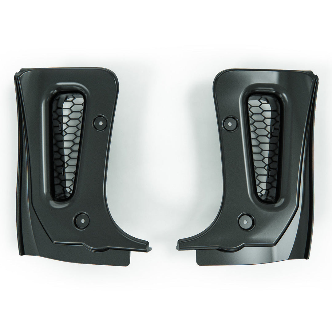 Pair of ACS Composite 50-4-154 rear rock guards on white, showing the bladed shield fins that trap debris