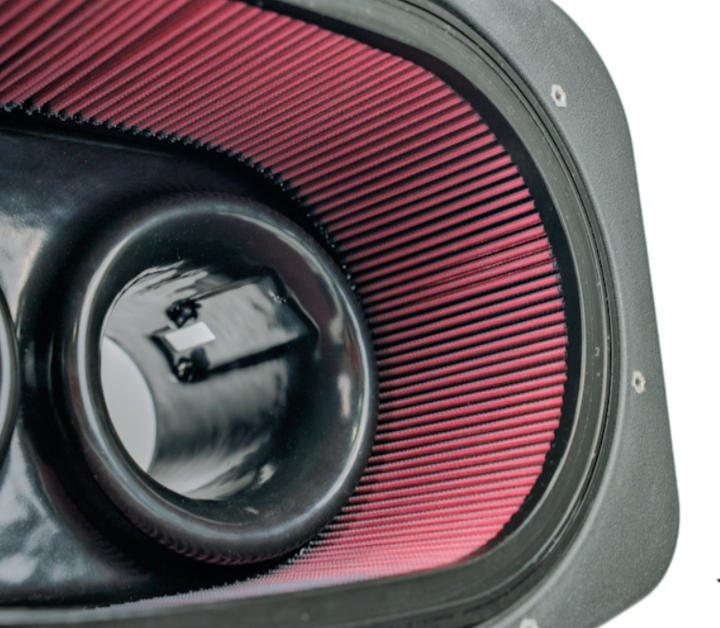 Red filter and molded velocity-stack close-up inside the Halltech Super Hornet C8 Corvette ZR1 and ZR1X intake