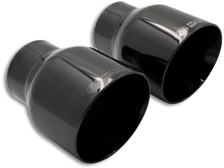 Pair of 4.5 inch black chrome exhaust tips, slanted dual wall with laser etched AutoSpeed logos